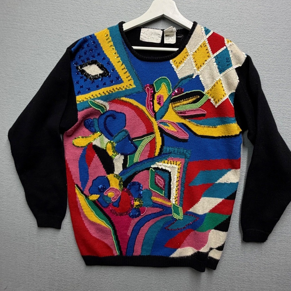 VTG 80s Nina Austin Sweater Wool Angora Beaded Sequin Art to Wear Maximalist